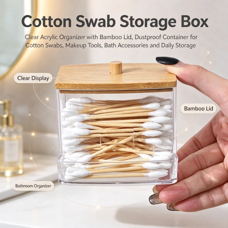 Cotton Swab Storage Box Can Be Stacked with Portable Transparent Household Cosmetic Container Square Organizer Box