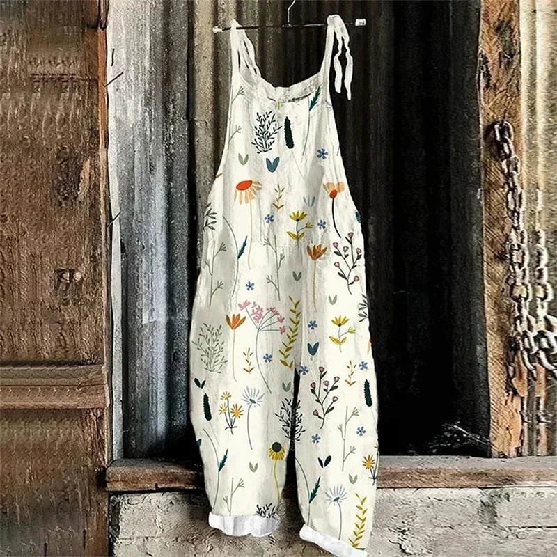 

New Women's Summer Floral Printed Suspenders Vintage Color Floral Oil Painting Art Pattern Casual Loose One-piece Pants