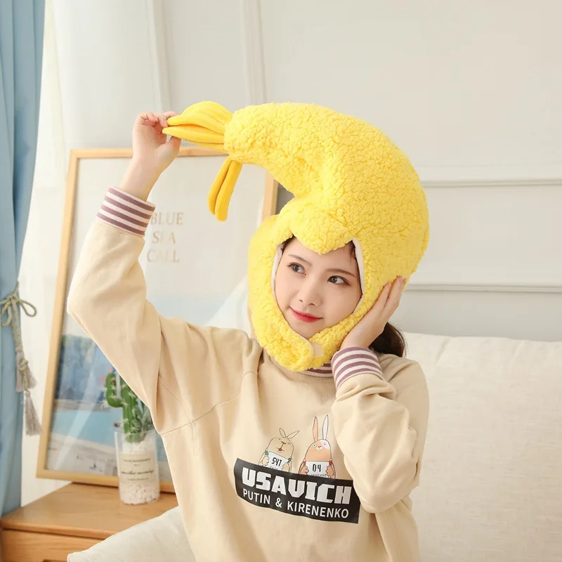 Cartoon Headcover Ocean Shrimp Shaped Plush Hats Photo Props