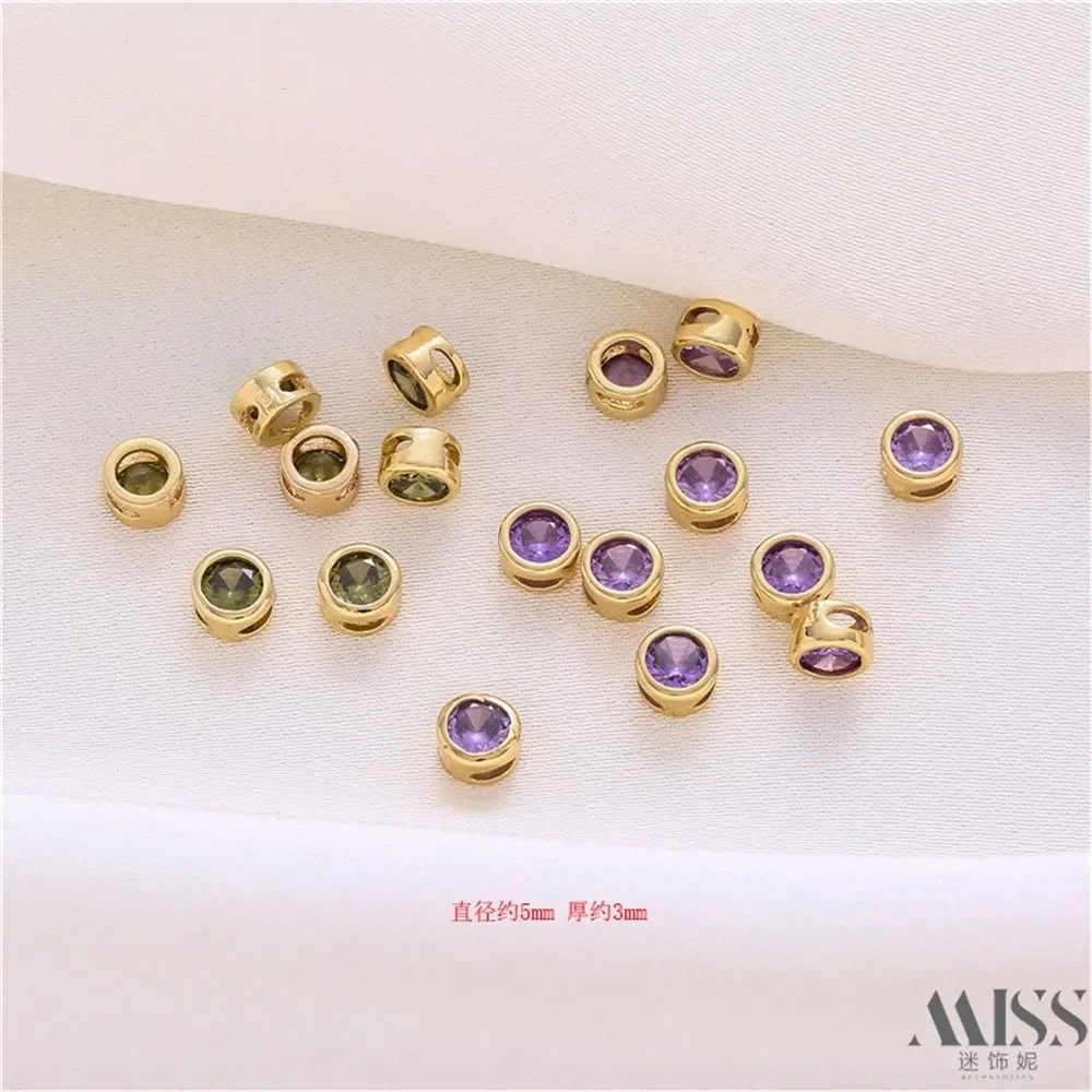 

14K Gold-wrapped Color Round Purple-green Zircon Through-hole Bead Diy Loose Bead Handmade Bracelet Necklace Jewelry Accessories