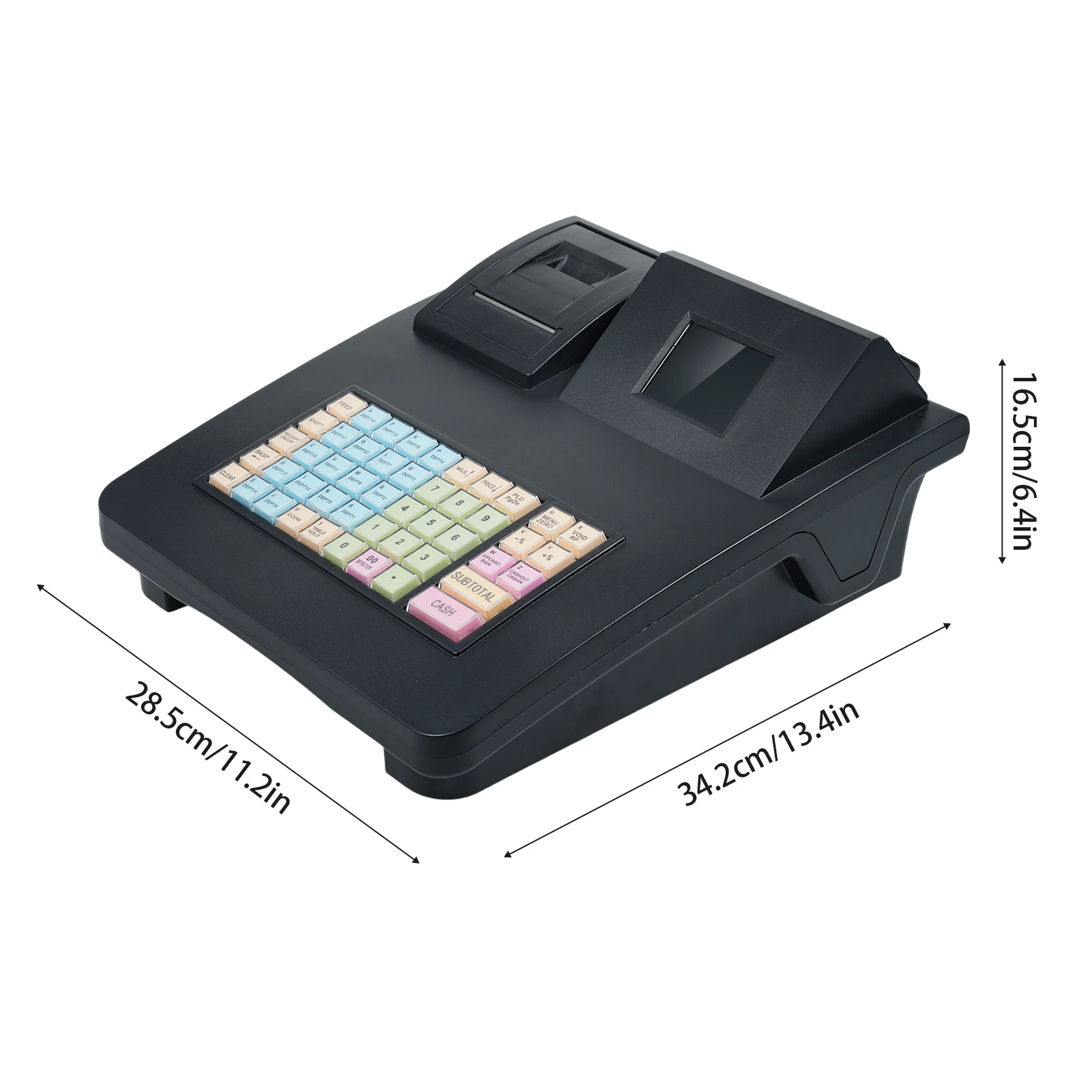The electronic cash register features a 48-key RS232 USB port, a 2.8-inch display, and a 58mm thermal printer
