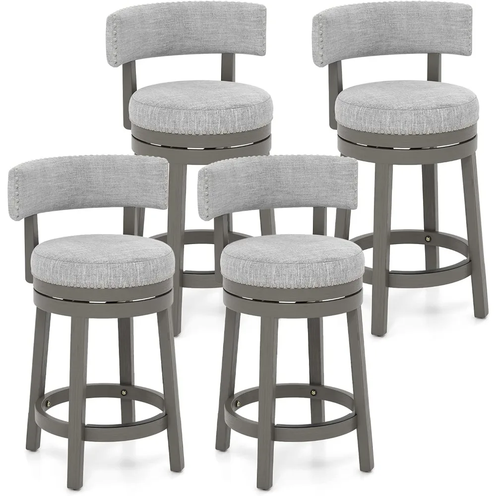 Bar Stool Set of 2, 27-inch 360° Swivel Barstool with Upholstered Back & Seat, Solid Rubber Wood Legs & Footrest, Farmhouse Co