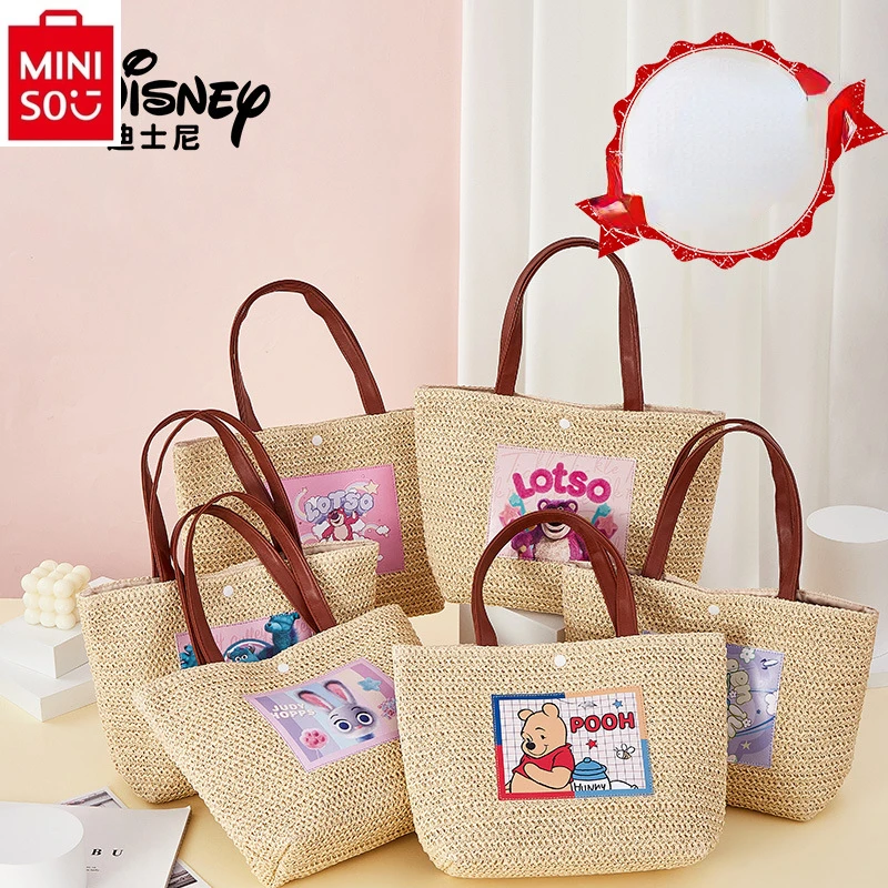 

MINISO Disney Grass Woven Bag Cartoon Winnie the Pooh Large Capacity Handheld Tote Bag Summer Women's Woven Beach Bag