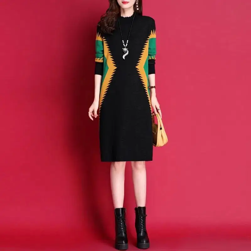 

Autumn Print Vintage Half Turtleneck Sweater Dresses Winter Casual Knitting Sweaters Elegant Women Pullover Tops Vestidos B120