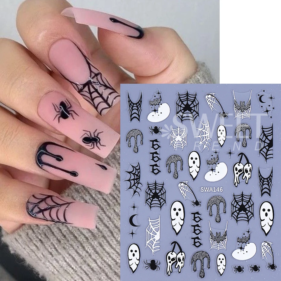 Autocollants adhésifs en toile d'araignée pour Halloween, 2 pièces, paillettes holographiques, chauve-souris fantôme étoile, accessoires de manucure à faire soi-même