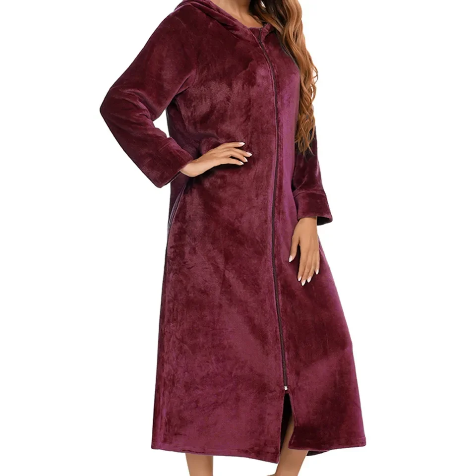 Autumn Winter Warm Flannel Bathrobes Women Zipper Long Sleeve Hooded Nightgown Fleece Pajamas Night Dress Soft Loungewear