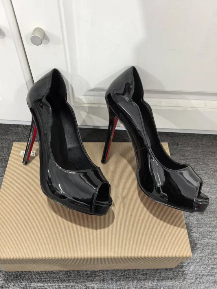 

Black Platform Peep Toe Red Sole Luxury Fashion Sandals Ankle Strap Women Black Shoes Cover Heel Thin Super High Heel Cover Heel