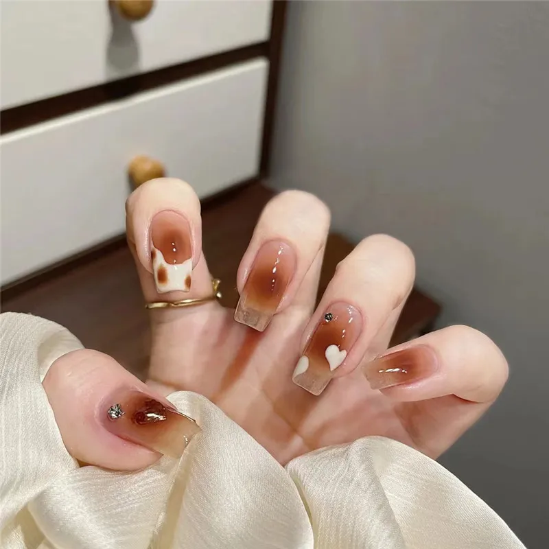 

Short Powder Blusher Amber Sweetheart Nail Sticker Leopard Print Women Wear Nail Sticker Fake Nails Wholesale Finished Products