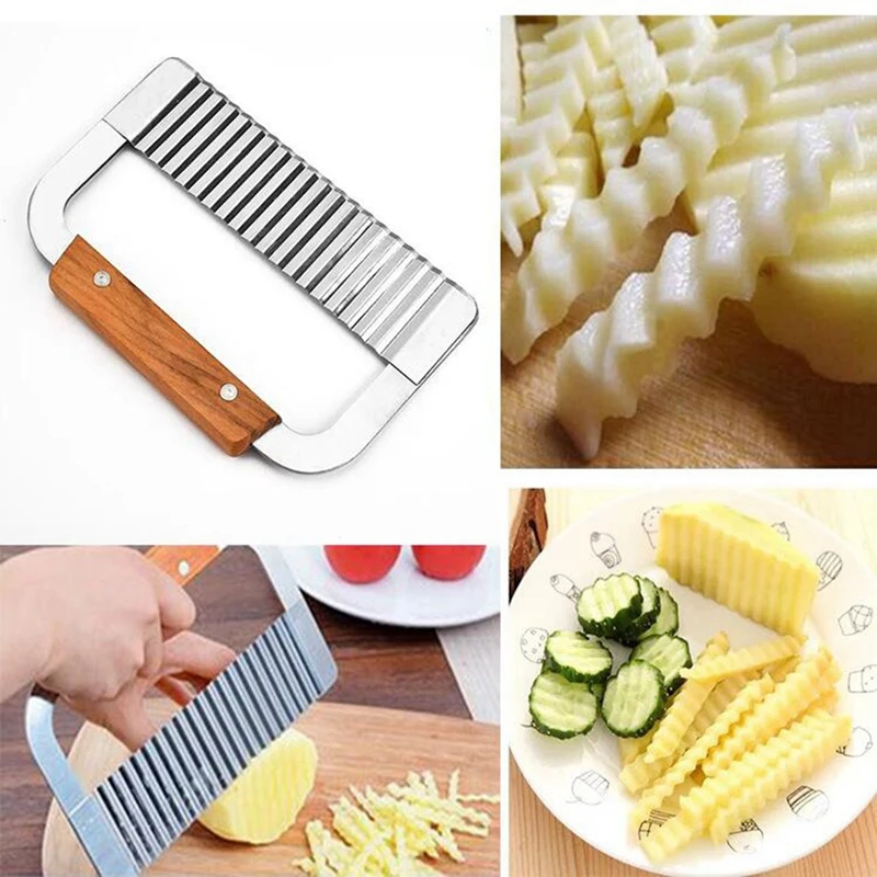 Stainless Steel Crinkle Cutting Tool Potatoes Chips Cutter Carrot Slicer With Wooden Handle Food Vegatable Cutting Knife