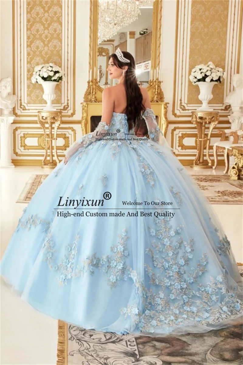 Vestido Quinceanera princesa azul-celeste, vestido de baile floral 3D, bordado de renda, 16 vestidos, 15 anos, 2024