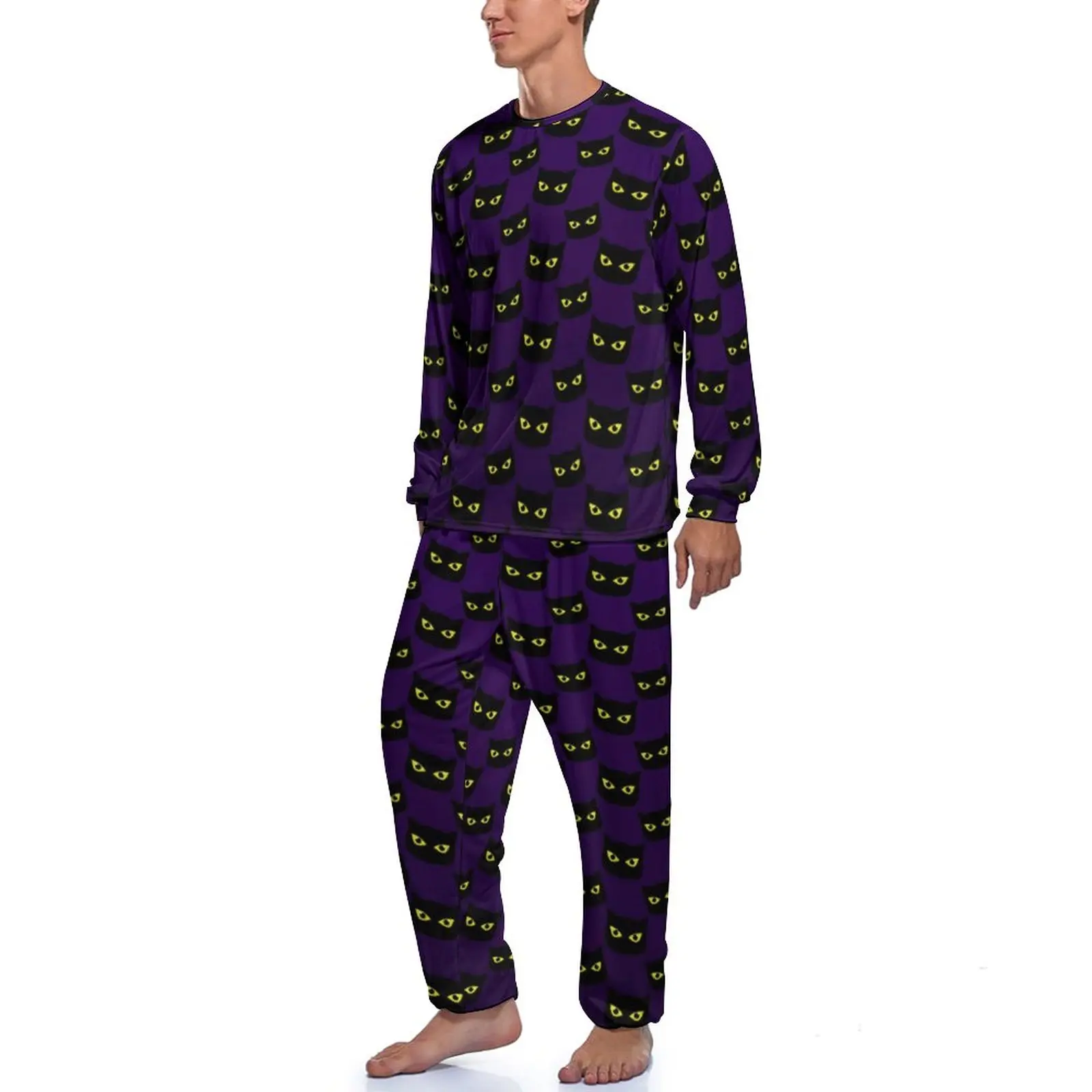 Black And Purple Cats Pajamas Mens Halloween Print Kawaii Home Suit Autumn Long Sleeve Two Piece Aesthetic Design Pajama Sets