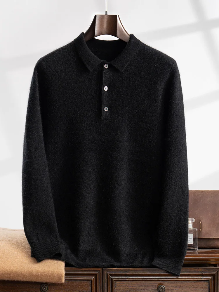 Men 100% Cashmere Polo Sweater Autumn Winter Basic Smart Casual Long Sleeve Pullover Cashmere Knitwear Soft Comfy Clothing Tops