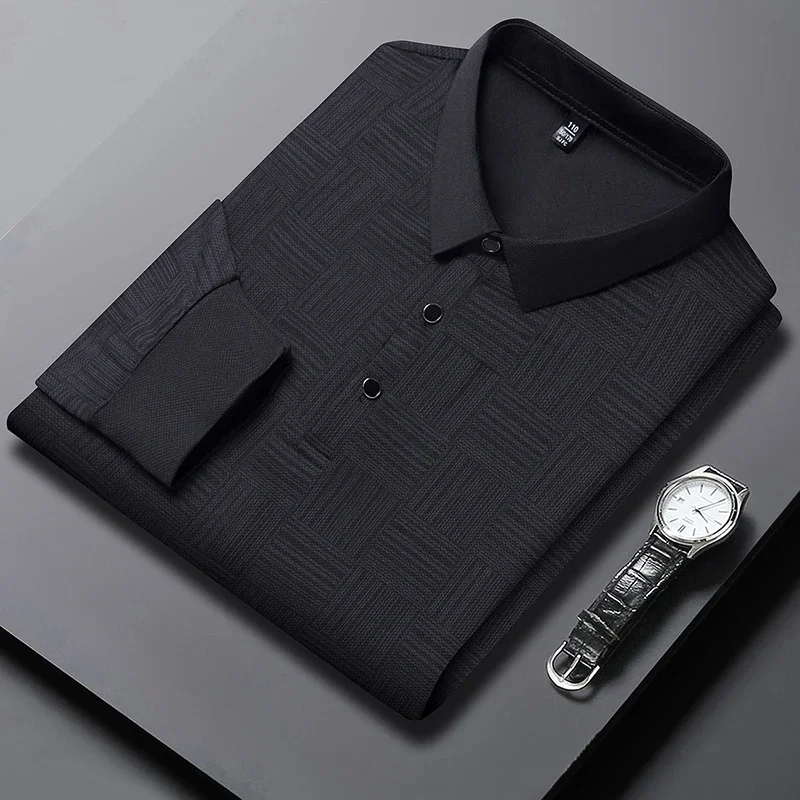 New Men\'s Business Casual Long Sleeved Shirt Solid Color Polo Shirt Fashionable Breathable Comfortable Versatile Top