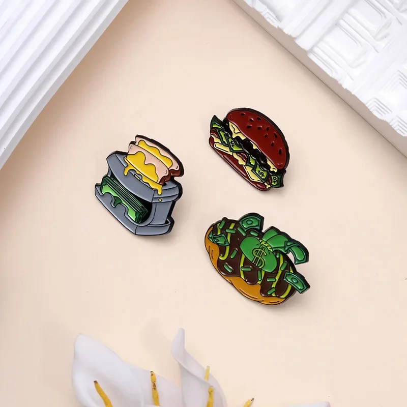 Exaggerated Style USD Food Burger Toast Custom Badge Soft Hard Enamel Metal Lapel Pin Plating Brooch Gift Jewelry Accessories