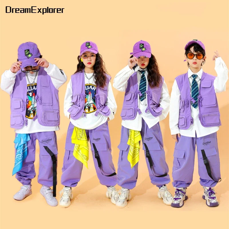 Children Hip Hop Purple Vest Cargo Pants Girls Streetwear Boys Street Dance Joggers Kids Jazz Costumes Fashion Clothes Sets