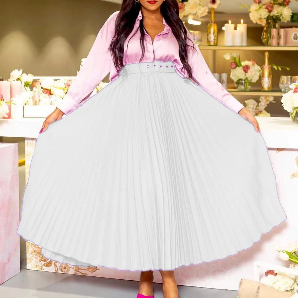 D293P Belted Women's New High Waist Large Hem Mid-Length Pleated Elegant Draped Skirt