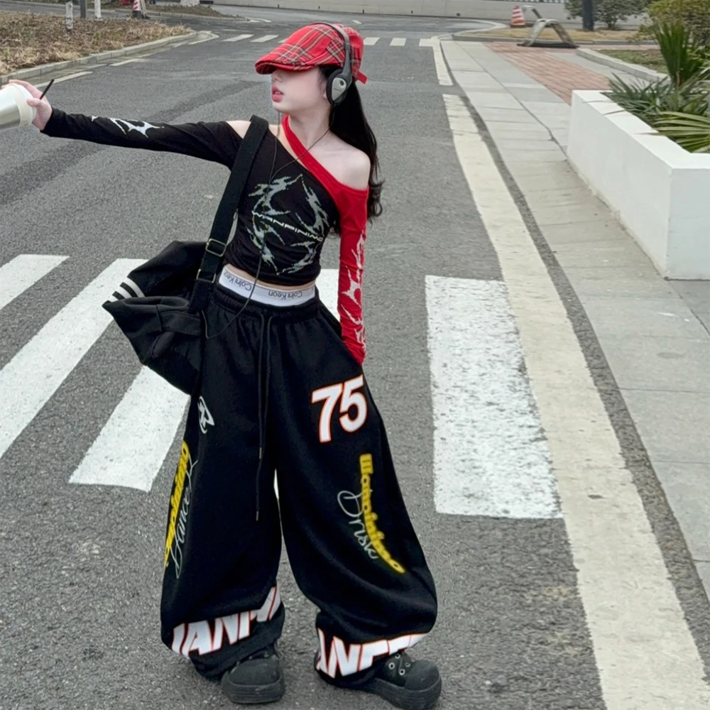 

Одежда для уличных танцев в стиле хип-хоп и джаз для девочек-подростков: футболка с асимметричным вырезом на плече, широкие брюки, спортивные костюмы для детей 14 лет.