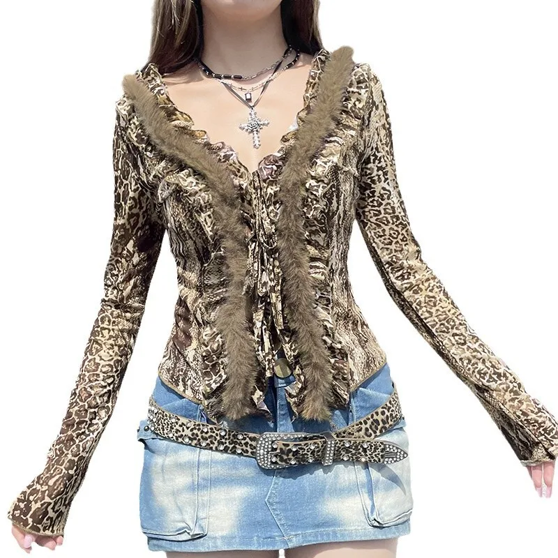 Leopard Print 2 Piece Set Women Sexy Fur Collar V Neck Long Sleeve Lace-Up Top Mini Skirt Fashion Female Clothing