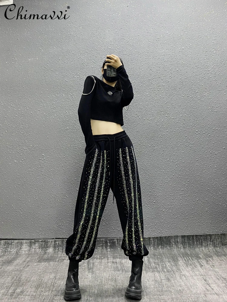 

Fashion Rhinestone Velvet Sport Casual Pants for Women 2024 Winter New High Waist Loose Slim Streetwear Ankle-Tied Sweatpants