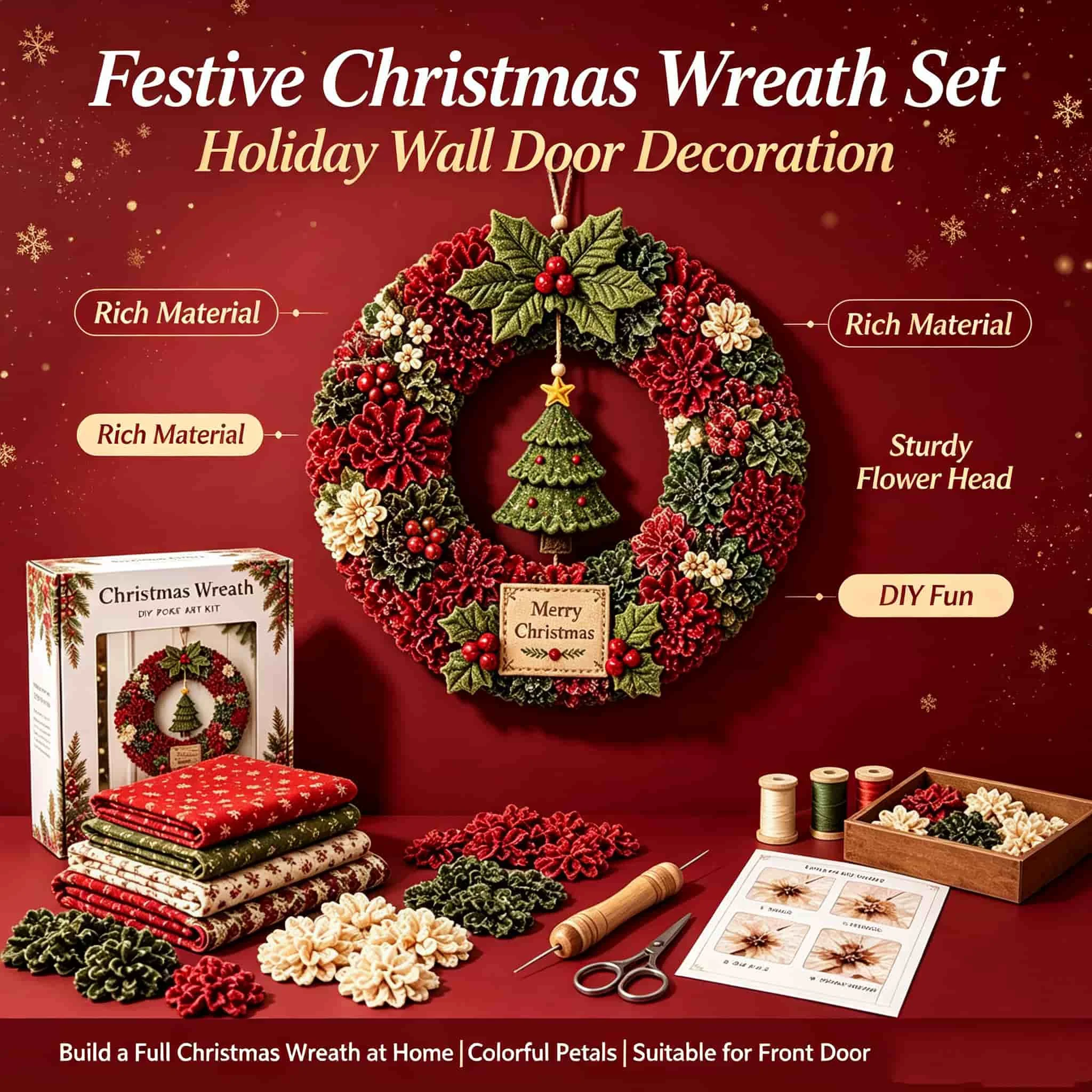 Handmade Christmas Wreath DIY Kit, Xmas Door Garland Craft Set with Instruction, Christmas Holiday Home Wall Decor Gift for