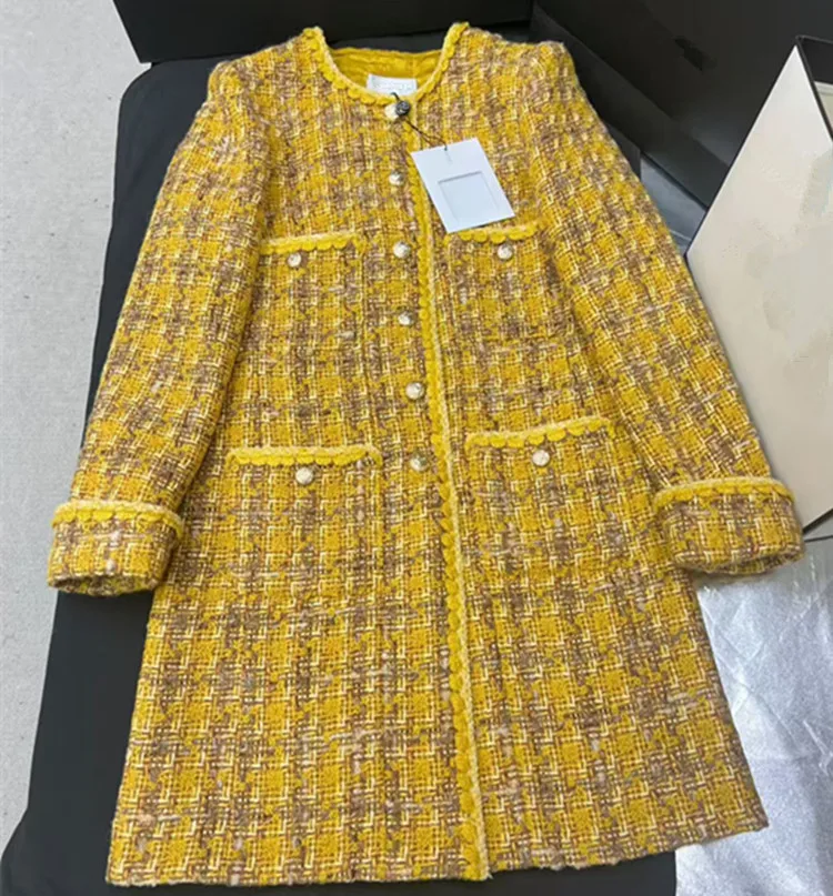 

Customization European women's clothing new summer styles Long-sleeved single-button yellow checkered tweed long coat skirt suit