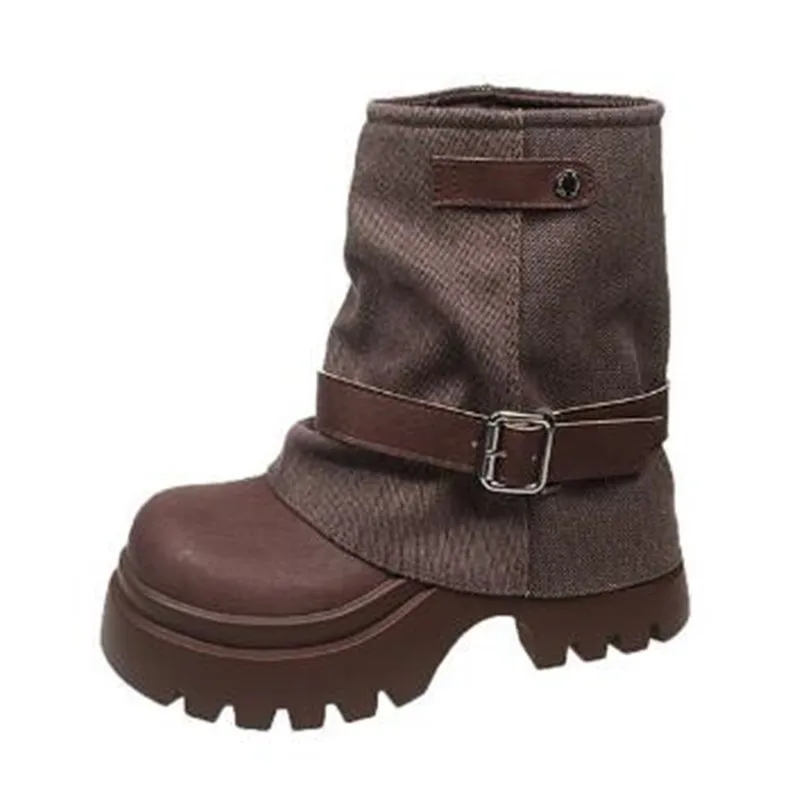 

2026 Winter Vintage Platform Thick Sole Woman Pipe Ankle Boots Design Belt Buckle Shoes Punk Style Leather Short Bottes Femmes