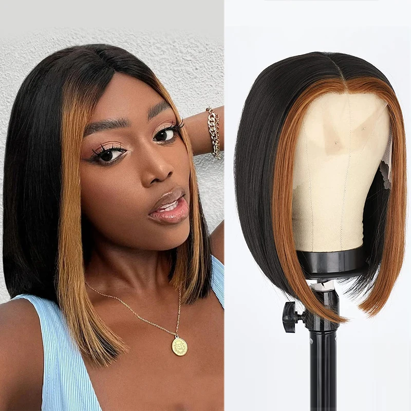 

Brazilian Straight 100% Human Hair Wigs For Women Ombre Short Bob Wigs Highlight 13x4 Lace Frontal 1B/27 Colored Pre Plucked