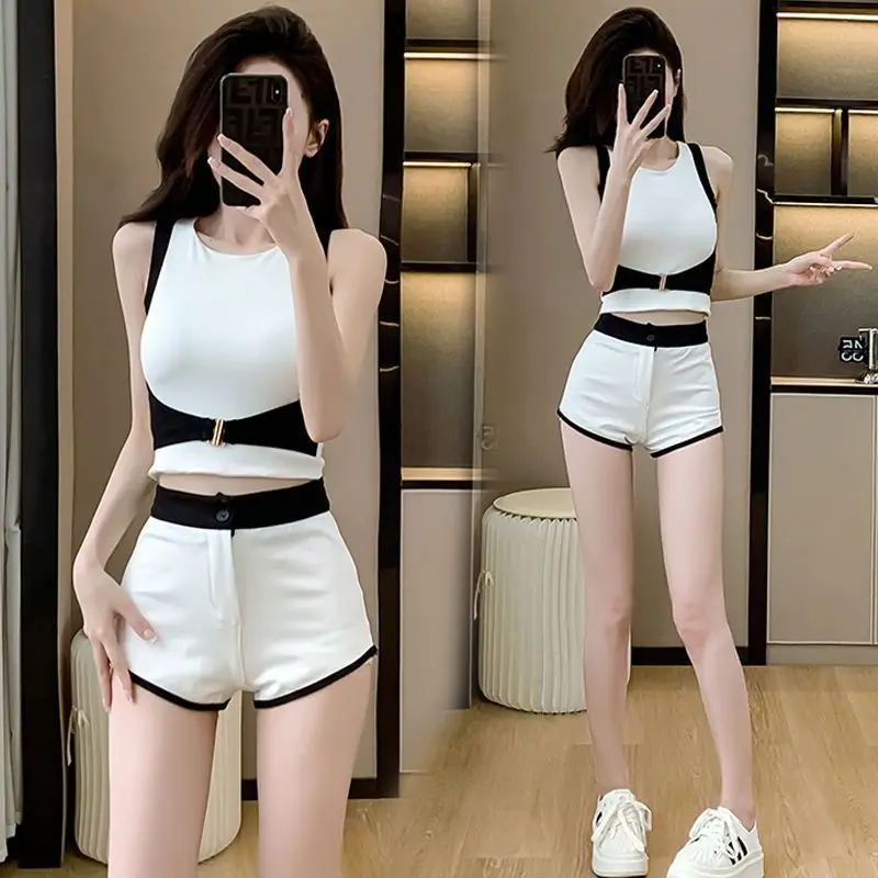 Fashion Patchwork Slim Short Sets Summer Trend Sexy Buttons High Waist Two-piece Suit Women Clothing Fashionable Elasticity