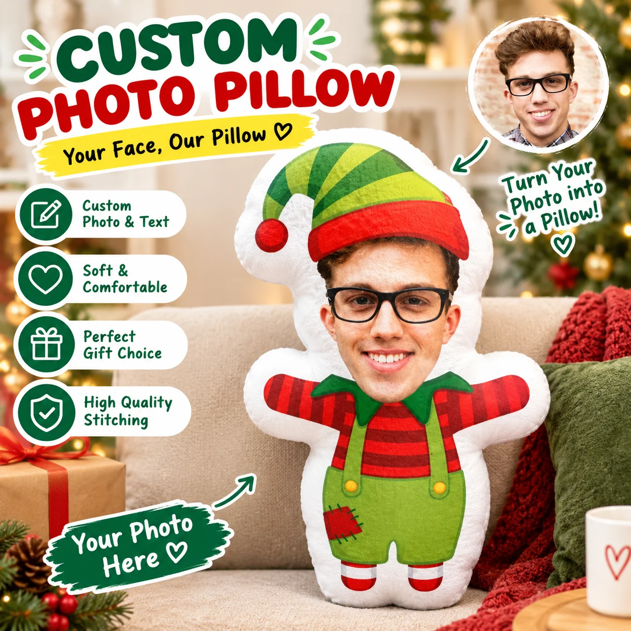 Custom Photo Christmas Elf Pillow Soft Plush Personalized Holiday Cushion for Home Sofa Bed Festive Seasonal Decor Birthday Gift