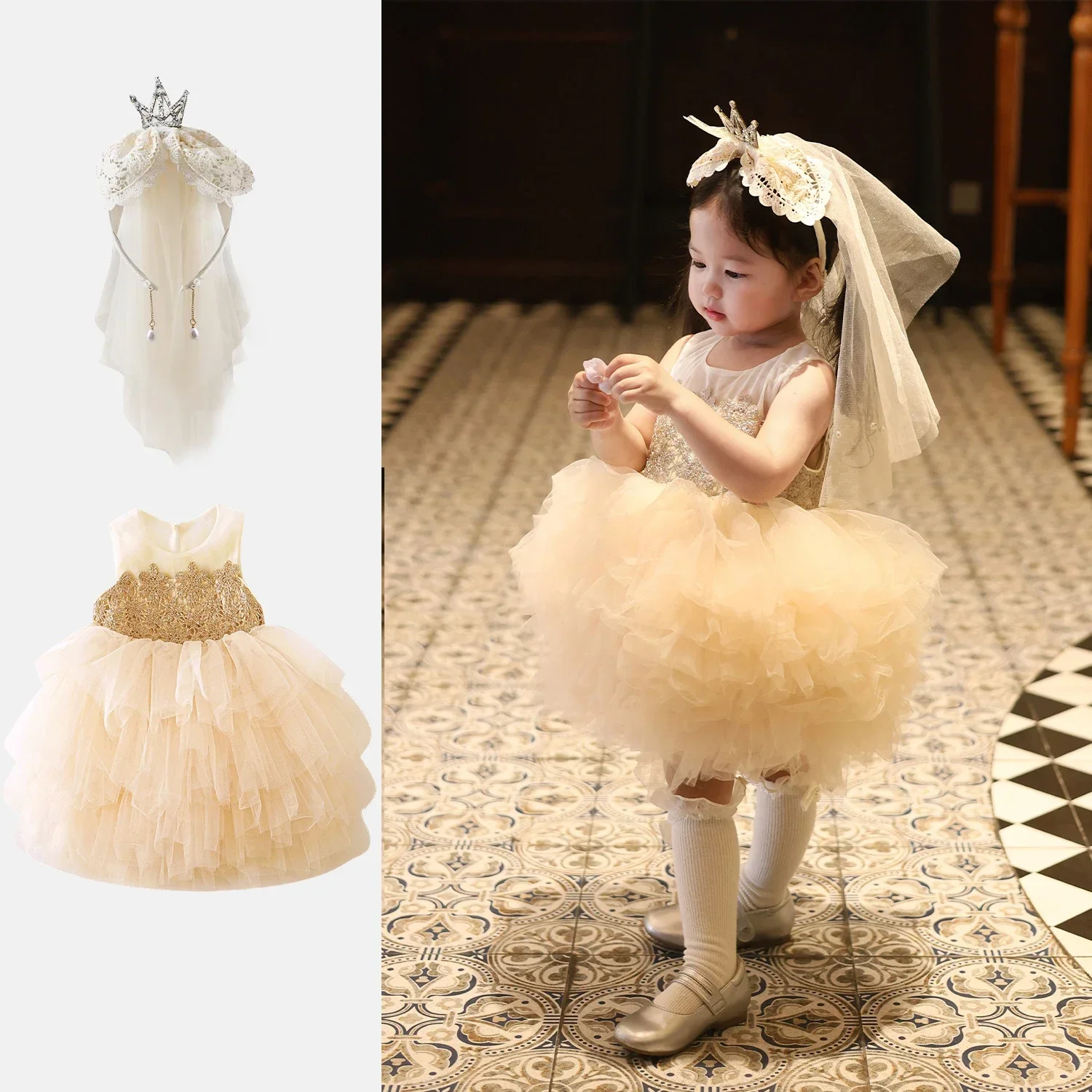 

Gold Lace Tutu Dress for Baby Girl Sequined Layer Fluffy Mesh Princess Birthday Party Dress with Bow And Tousha Crown