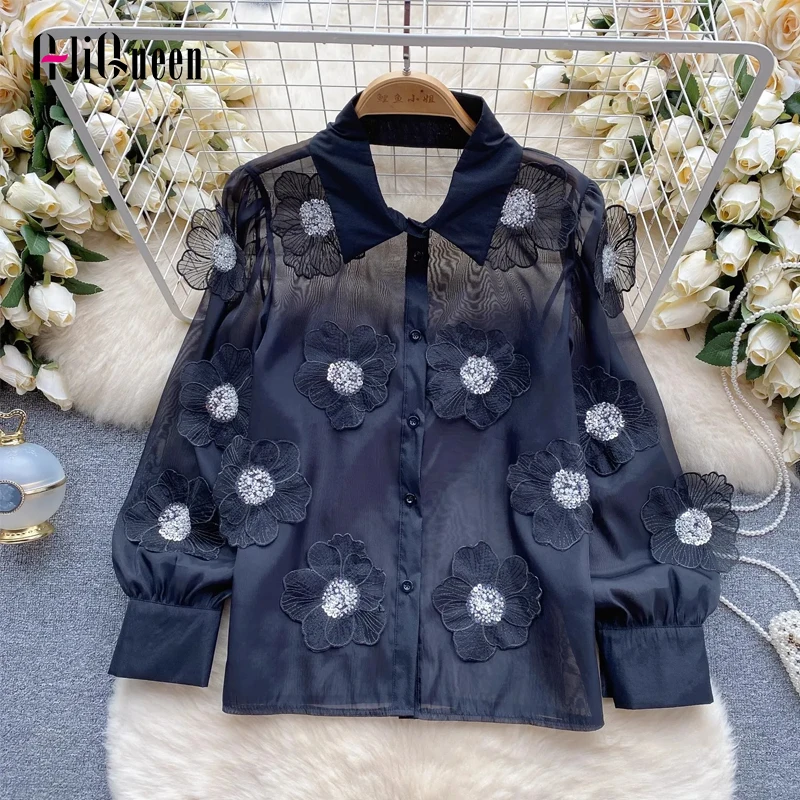 

Korean Women Summer Sweet Appliques Flowers Sequins Shirts Female White Short Sleeve Shirt Blouses See Through Tops Blusas Mujer