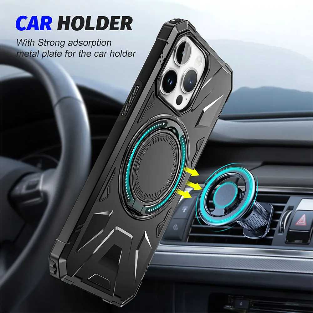 Luxury rugged shockproof magnetic phone case for iPhone 15 14 13 12 11 Pro Max Plus magsafe charging car holder armor hard cover