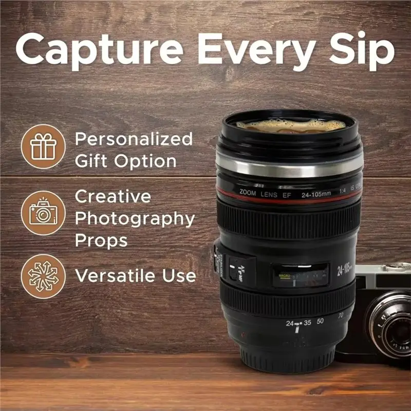 AB02 Camera Lens SLR Lens Cup Stainless Steel Model Casual Cup With Lid Coffee Mug Black Coffee Mugs