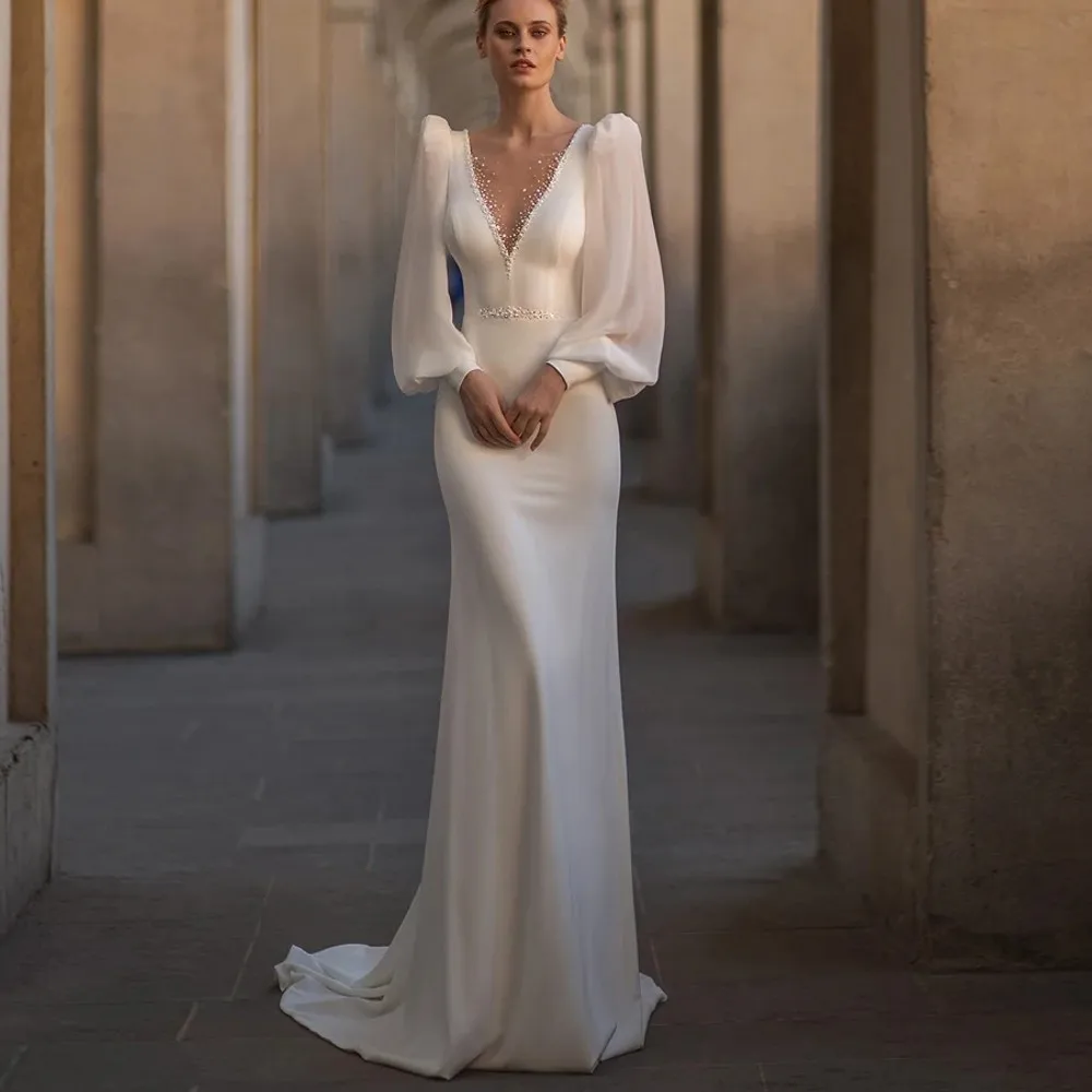 Elegant Wedding Dress Mermaid Bridal Gown V Neck Full Puff Sleeves Beading Open Back Satin Woman Bride Dresses Robe Mariage