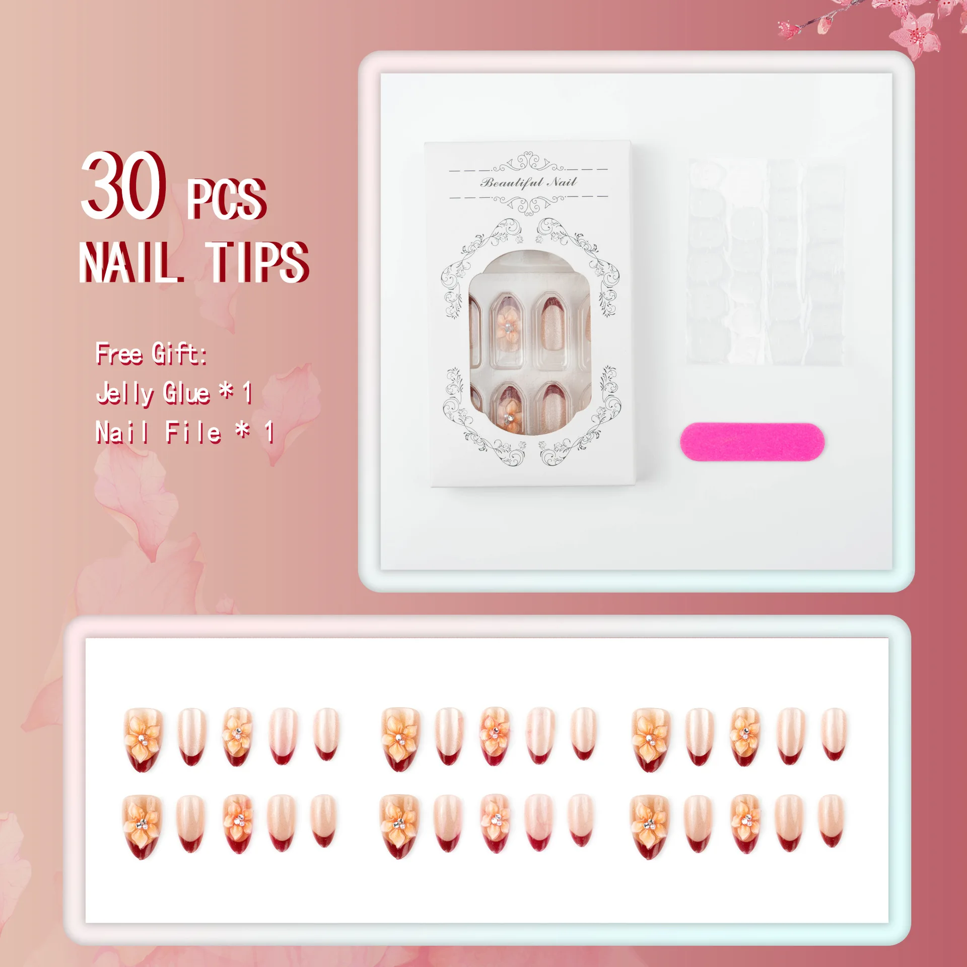 24 pièces 3D amande florale presse sur ongles ensemble à la main diamants avancé marron français faux ongles quotidien exquis doux frais faux ongles