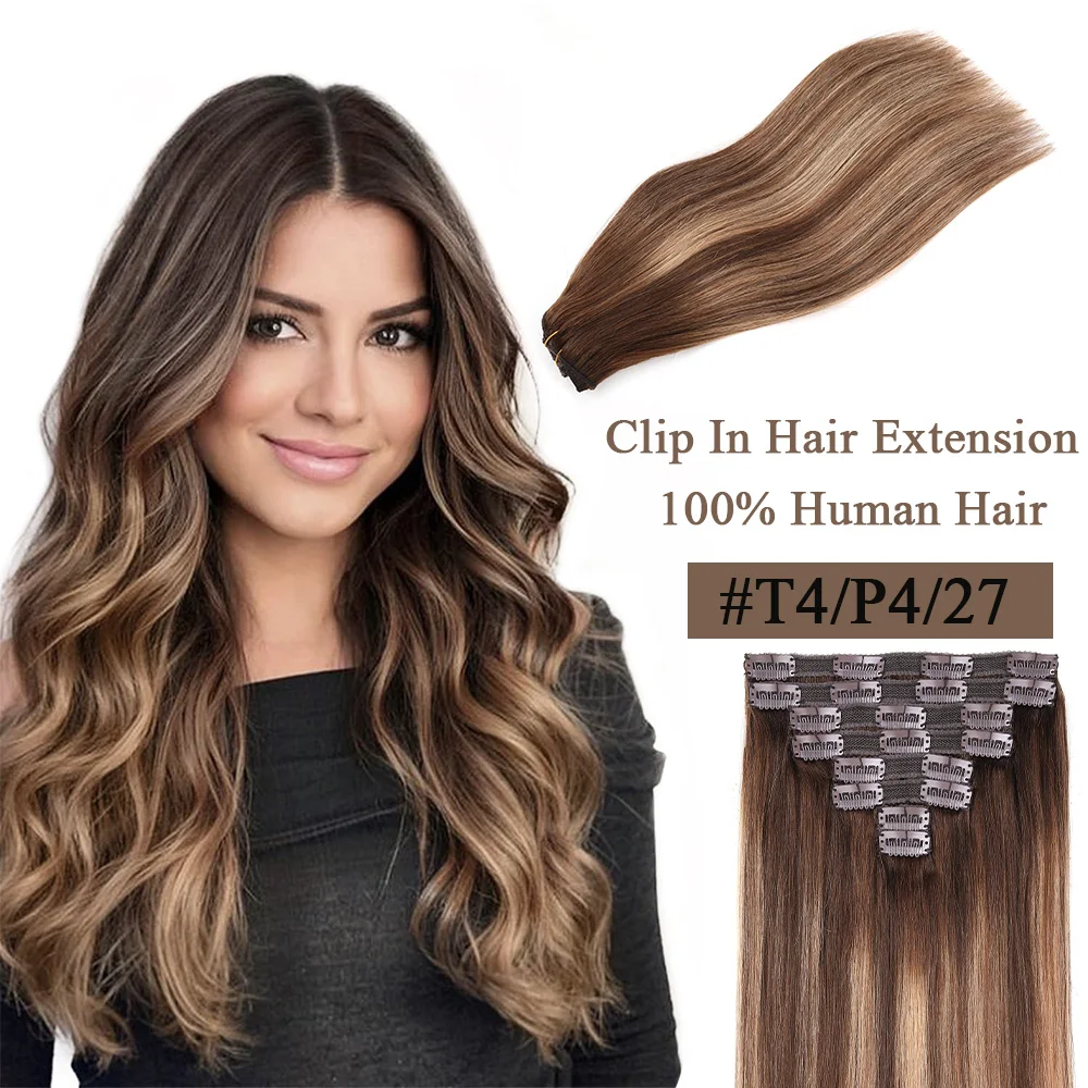 Clip In Human Hair Extension Brazilian Hair Seamless Clip In Hair Extensions for Women Highlight Balayage Hair Extensions #P4/27