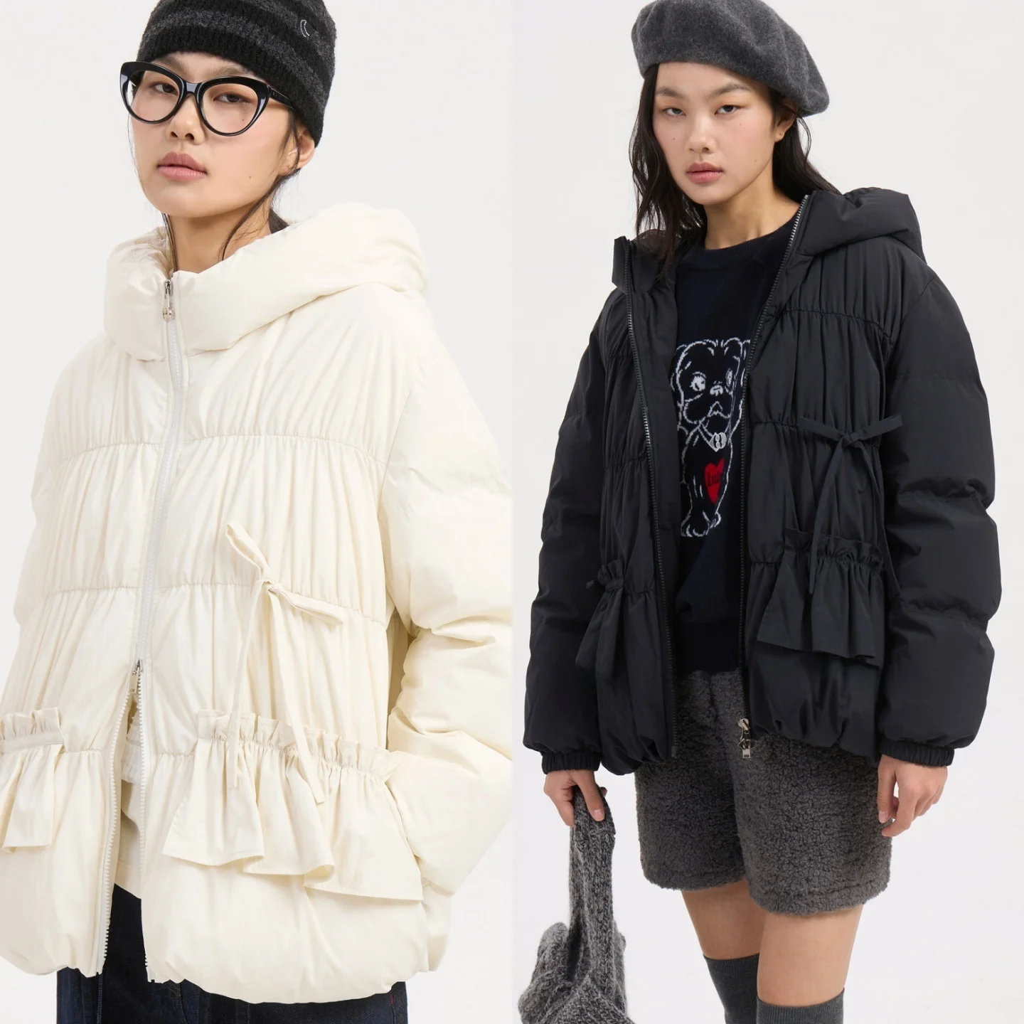 Elegant Goose down Jacket with Drawstring Pleated Commuter Versatile Hooded Zipper Closure Long Sleeve Mid-Length Coat