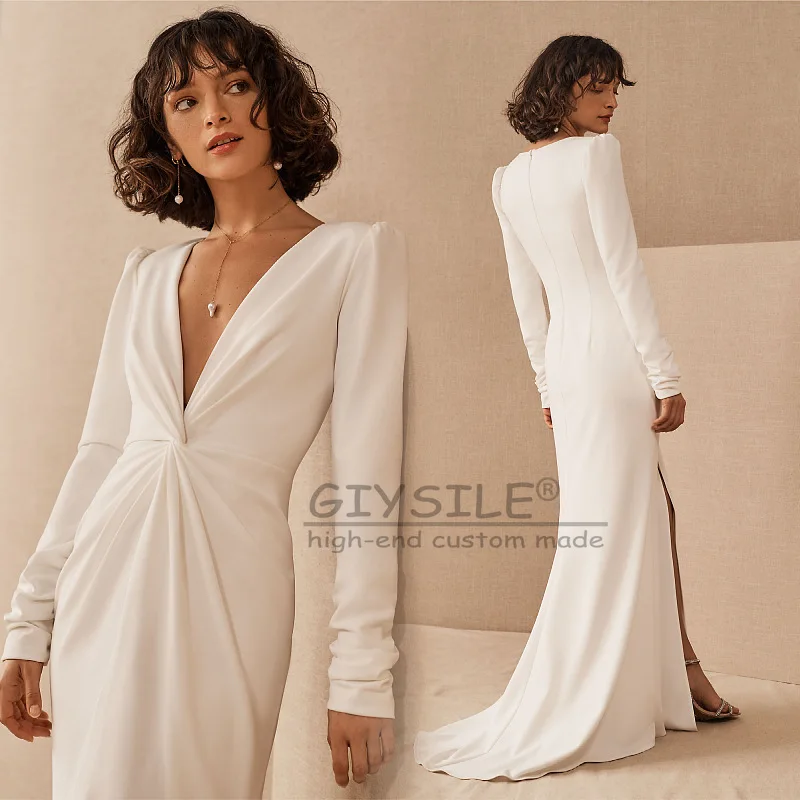 GIYSILE Gaun Pengantin Lengan Panjang Putih Kustom Gaun Putri Duyung Sederhana Leher V Dalam Gaya Baru 2025 Mewah Gaun Pengantin Prancis