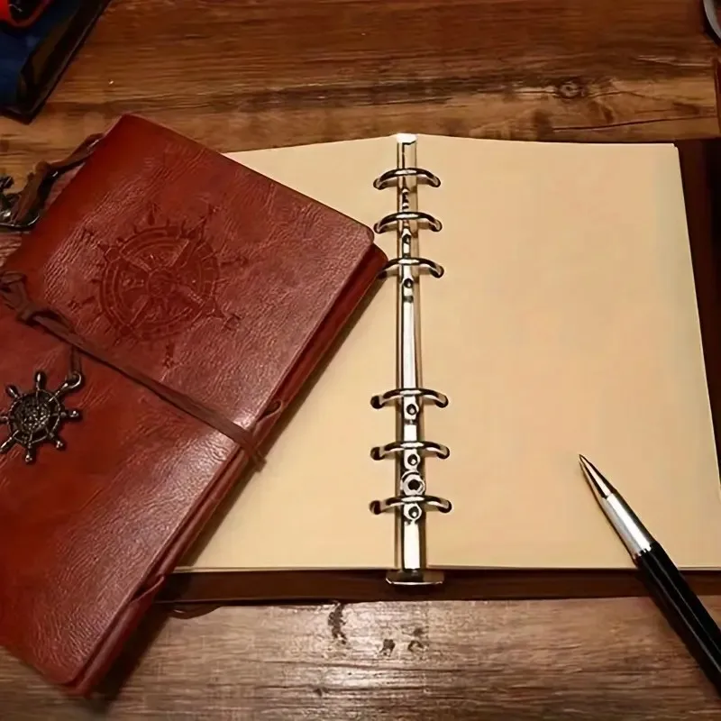 Diario de cuero con diseño de barco pirata vintage con diseño de brújula de navegación, cubierta de piel sintética, cuaderno de viaje reutilizable de hojas sueltas