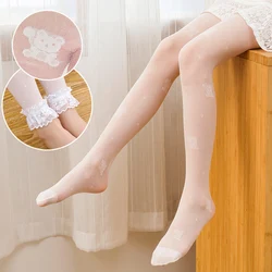 Child Girls bear balloon summer thin pantyhose silk nine-point lace pants princess Super transparent mesh baby kids leggings