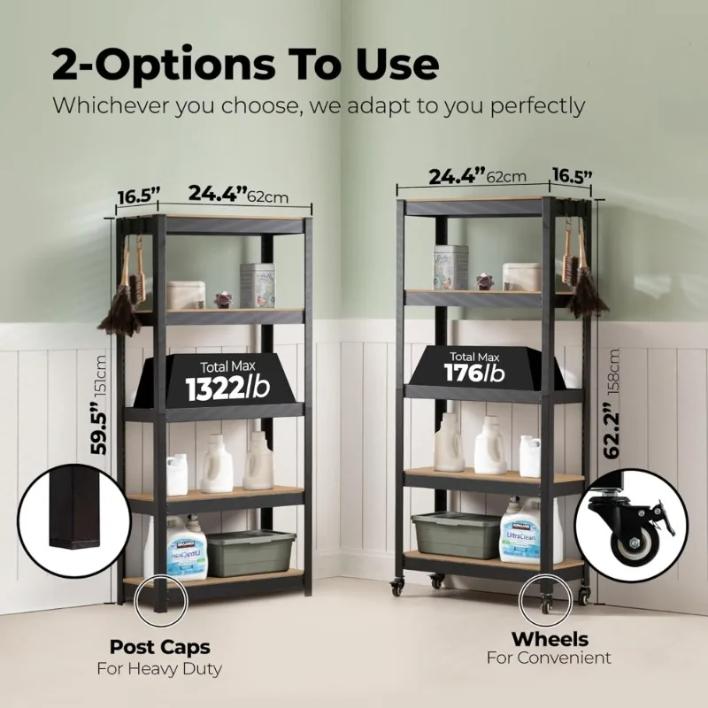 رف رف عربة دوارة معدني مكون من 5 طبقات مع عجلات منظم تخزين قابل للتعديل لمرآب المطبخ 24.4 بوصة عرض × 16.5 بوصة عمق × 62.2 بوصة #4