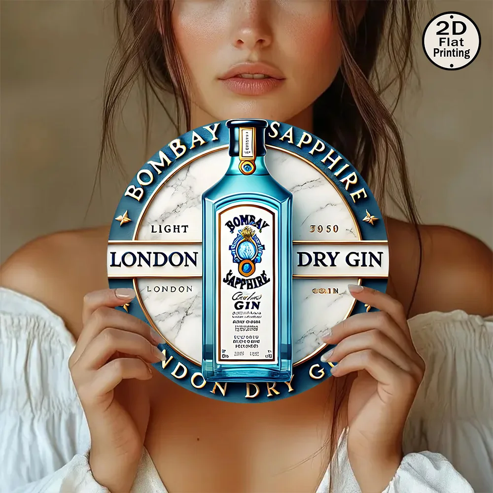 لافتة معدنية مسطحة ثنائية الأبعاد، قطعة واحدة من شعار Bombay Sapphire London Dry Gin - تصميم كلاسيكي منقوش برقائق دائرية مقاس 8 × 8، شعار أزرق مميز #2