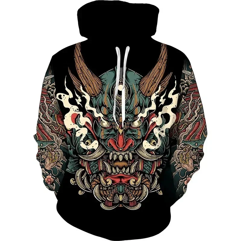 Ghost Mask Pattern Graphic Hoodie For Men Japan Samurai 3D Printed Sweatshirt Casual Pullover Loose Hoodies Long Sleeve Tops