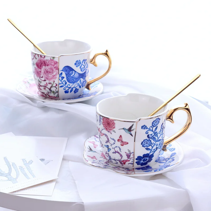 

Ceramic Coffee Cup Saucer Gift Box Set Light Luxury Drawing Golden Flowers Birds Tea Cup Bone China Mug Bar Decoration Drinkware