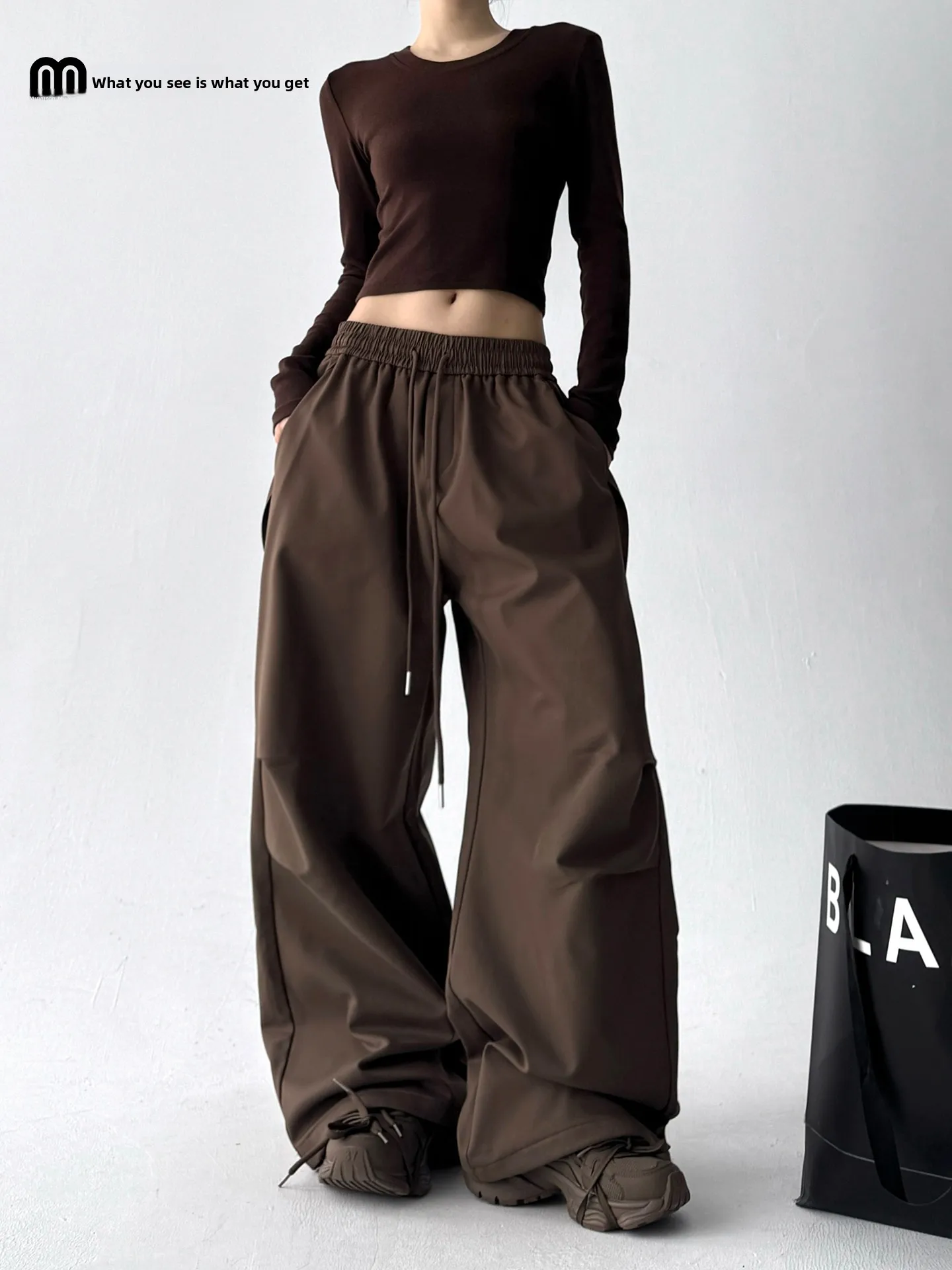 Thiened Fce واسعة الساق الأمريكية الرجعية Sle المرأة سراويل تقليدية فضفاضة مستقيمة مظلة الجندي السراويل عالية الخصر البوليستر... #1