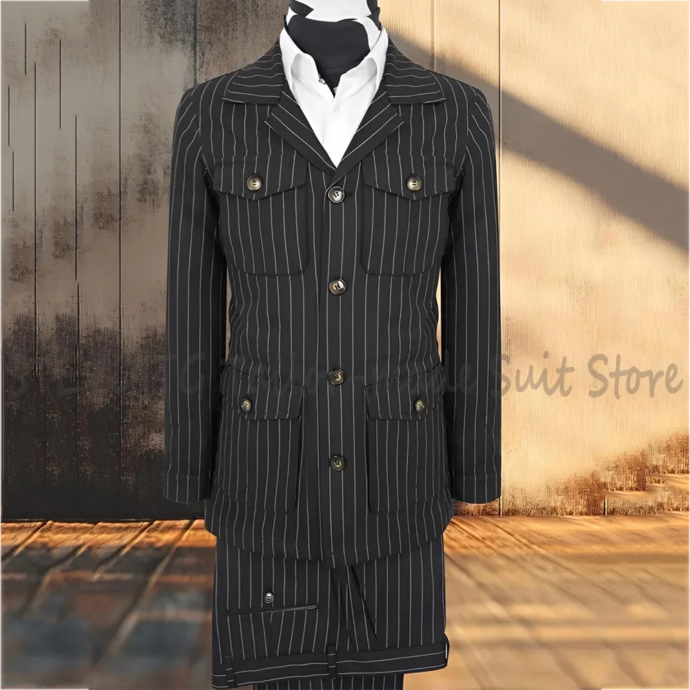 

Classic Striped Suit For Men Notch Lapel Multi Pockets Formal Occasion Party Event Male Clothes Set 2 Pieces Jacket Pants