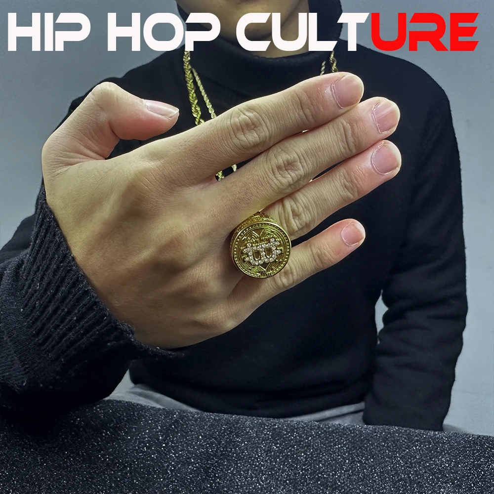 Hip Hop Trendy Ring, Exquisite 18K Gold Plated, Diamond Set Letter Ring Face, Exclusive for Men, Rap, Nightclub, Gangster