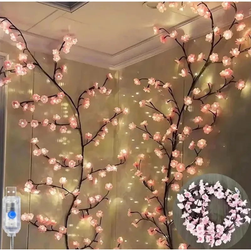 LED Cherry Blossom Tree Light With Remote Control USB Dimmable Cherry Blossom Tree Rattan Wall Mounted Light For Bedroom Wedding
