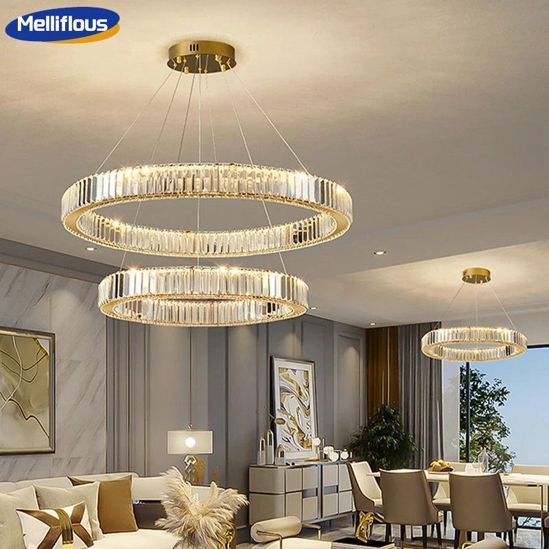 

New Golden Chrome Round Ring Hanging Light Modern LED Crystal Ceiling Chandelier Lamp 220V Dinning Living Room Hall Staircase