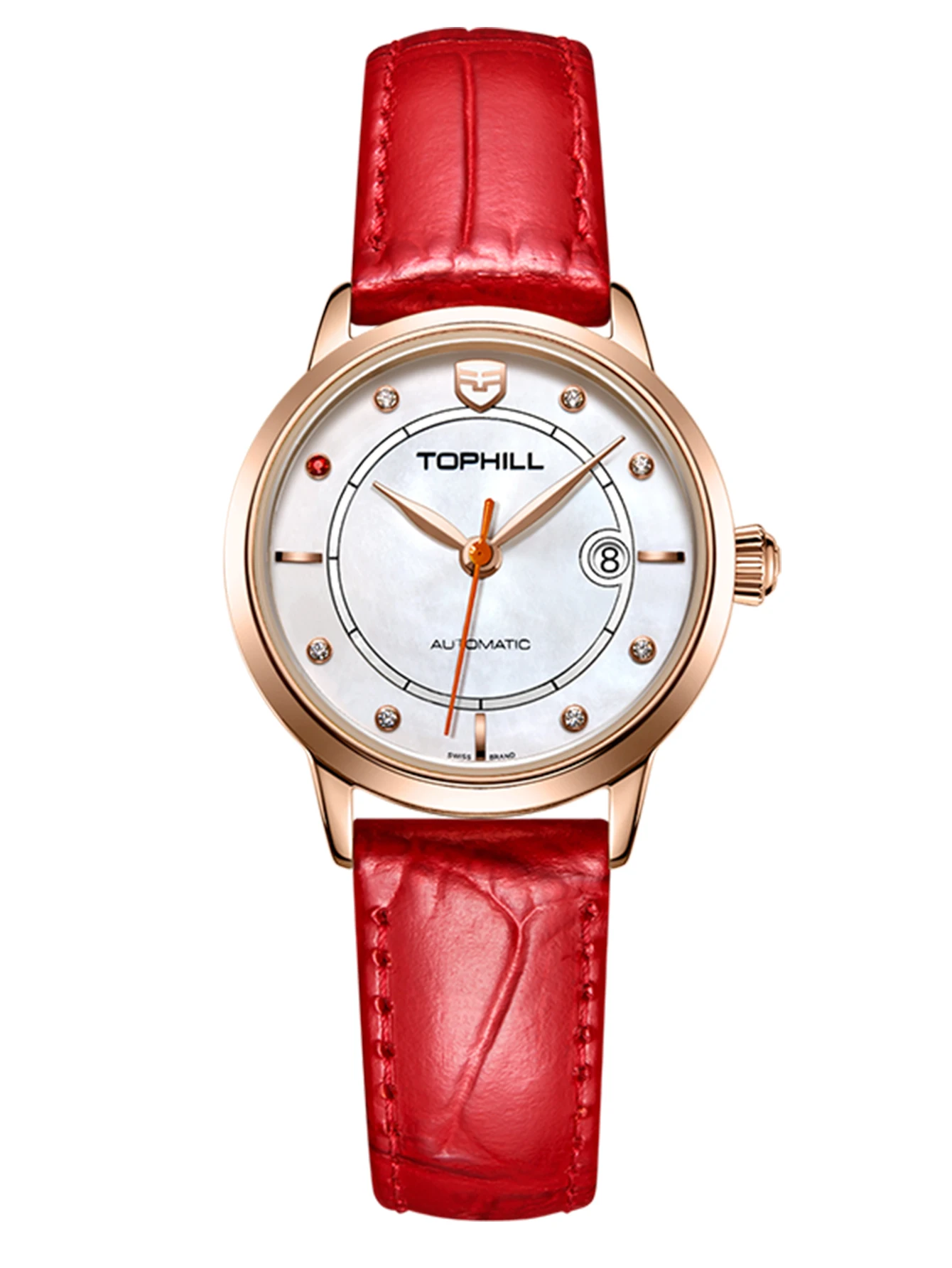 TOPHILL ธุรกิจเลดี้นาฬิกาของขวัญกระจกแซฟไฟร์ปฏิทิน 28 มม.ผู้หญิงนาฬิกาข้อมือกลไกอัตโนมัติ 50 M กันน้ำ TE038L
